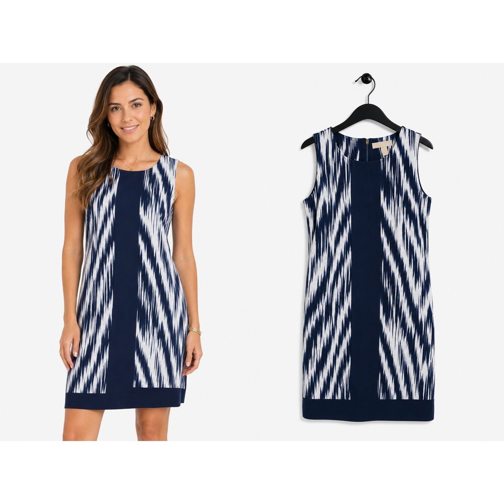 Michael Kors Sheath Dress Blue Ikat Print Size Small Stretch Knit